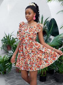 Teen Girls' Summer Casual Vacation Floral Print Ruffled Sleeve Dress - Orange - View 3