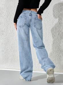 SHEIN ICON 女士宽松直筒口袋休闲牛仔裤，百搭 - 淺色水洗藍 - 查看 2