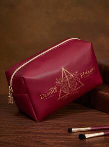 HARRY POTTER X SHEIN 1pc Harrypotter Deathly Hallows And Letter Pattern Large Capacity Makeup Bag, Gifts - Burgundy - View 1