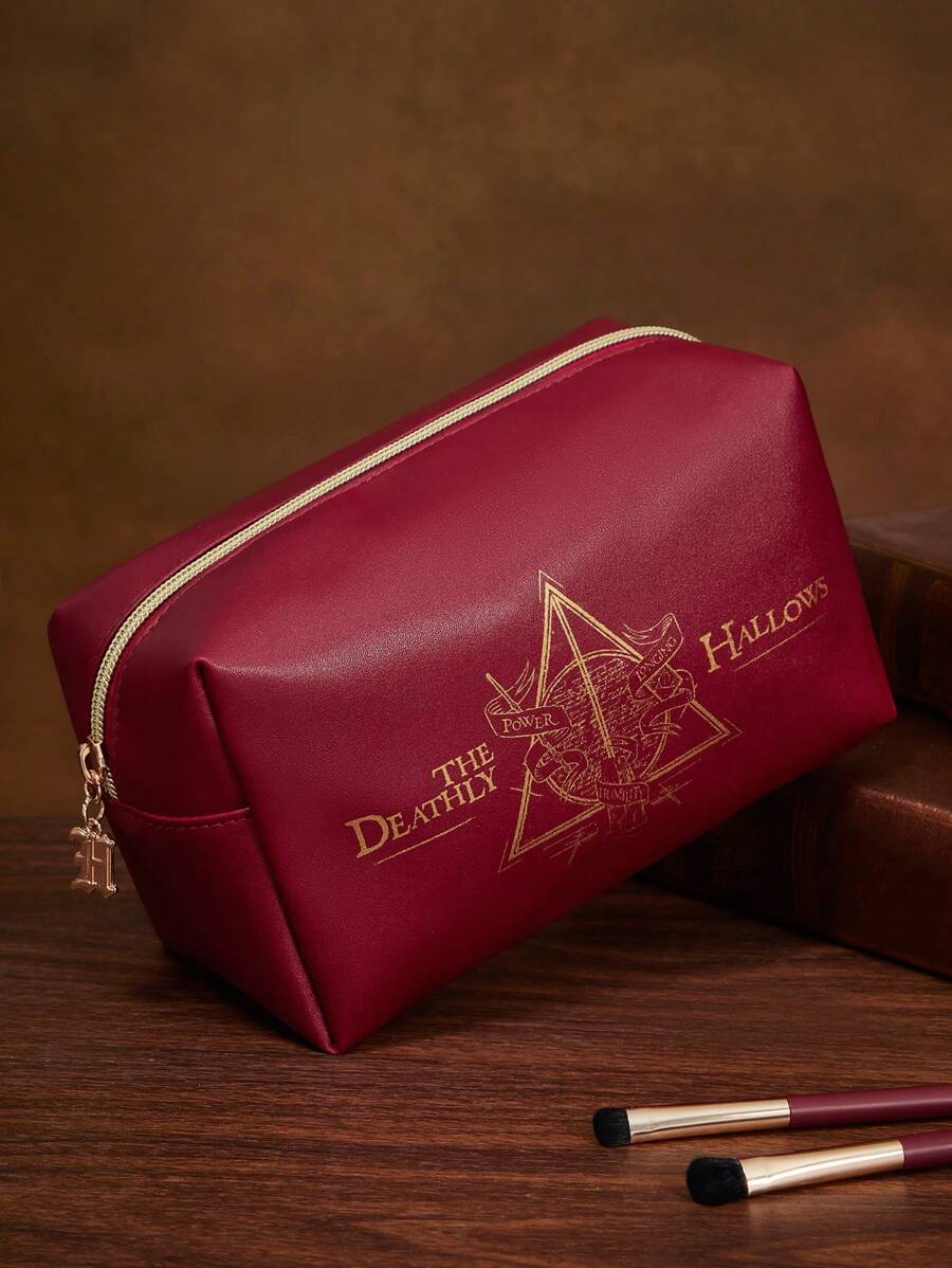 HARRY POTTER X SHEIN 1pc Harrypotter Deathly Hallows And Letter Pattern Large Capacity Makeup Bag, Gifts - Burgundy - View 1