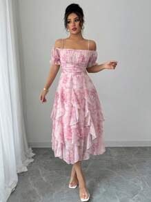 Chiquease Elegant & Sweet Vacation Ditsy Floral Spaghetti Strap Lantern Sleeve Waisted Casual Dress - Pink - View 3