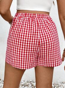 SHEIN Red Gingham Maternity Mini Shorts: Casual Woven Cotton Comfort For Everyday Wear