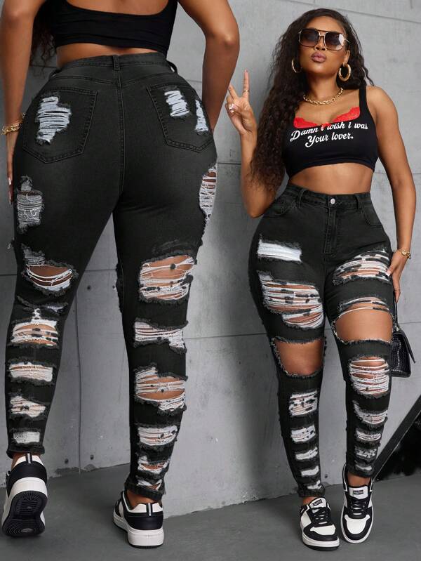 SHEIN SXY Plus Size Women Washed Distressed Skinny Jeans   Summer Outfits For Women Festival Outfits  Skinny Jeans