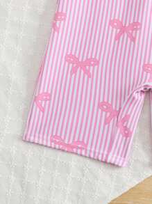 SHEIN Baby Girls Beachwear - Adorable Pink Striped Bow Print One-Piece Swimsuit. Features Soft Knitted Fabric, Long Sleeves With A Front Zipper, And A Classic Boyleg Cut. Fashionable, Casual, Yet Exquisite And Sweet Design. Perfect For Swimming, Summer Vacations, Beach, Pool Outings, And Holiday Parties. - Baby Pink - View 3