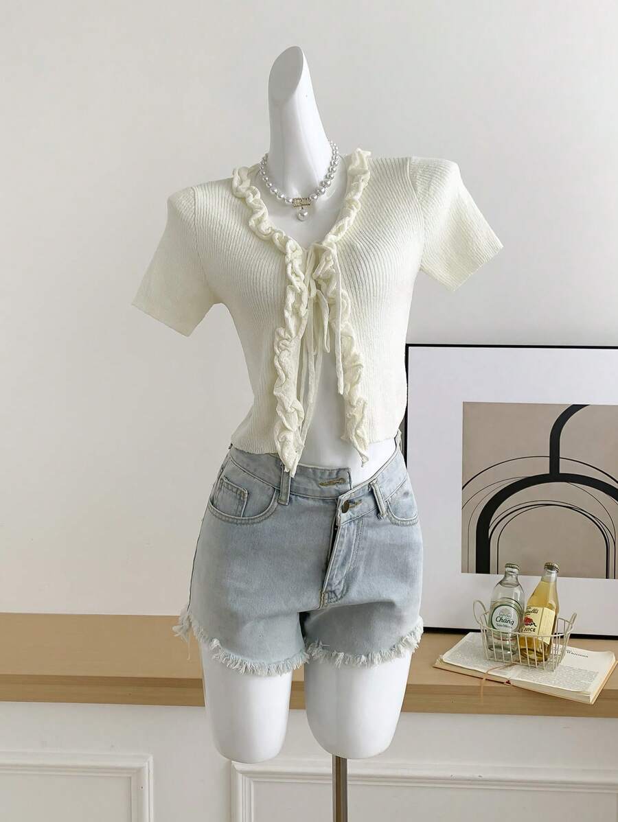 Chiquease New Fashionable Women Ruffled Collar Front Short Sleeve Thin Cardigan - White - View 1