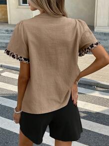 SHEIN Frenchy Women's Leopard Print Patchwork Shell Trim Short Sleeve Shirt, Everyday Summer