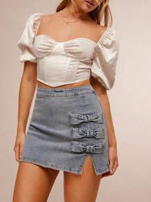 WESTFADE Spring Western Cowgirl Cute Bow Front Split Fitted Denim Mini Skirt - Light Wash - View 5