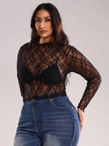 SHEIN BAE Women's Plus Size Elegant Sexy Sheer Lace Long Sleeve Round, Resort Wear Women,Mother Day,Mother's Day Gift,Mom,Easter Plus Women,Holiday Night,Summer Jacket,Elegant,Concert Women,Summer For Women,Summer,Sexy,Birthday Women,Wedding,Graduation,Club Women Sexy,Going Out Tops - Black - View 6
