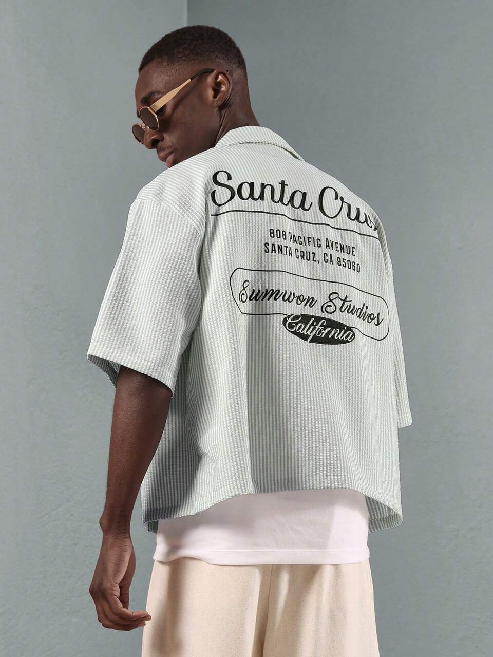 Studio Collection Oversized Button-Up Short Sleeve Striped Pattern Shirt