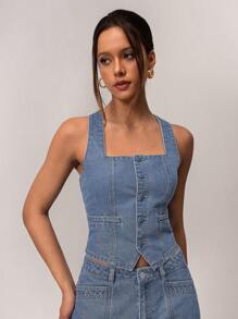 SHEIN Forever 21 女士夏季休闲前扣方领牛仔衬衫 - 藍色 - 查看 1