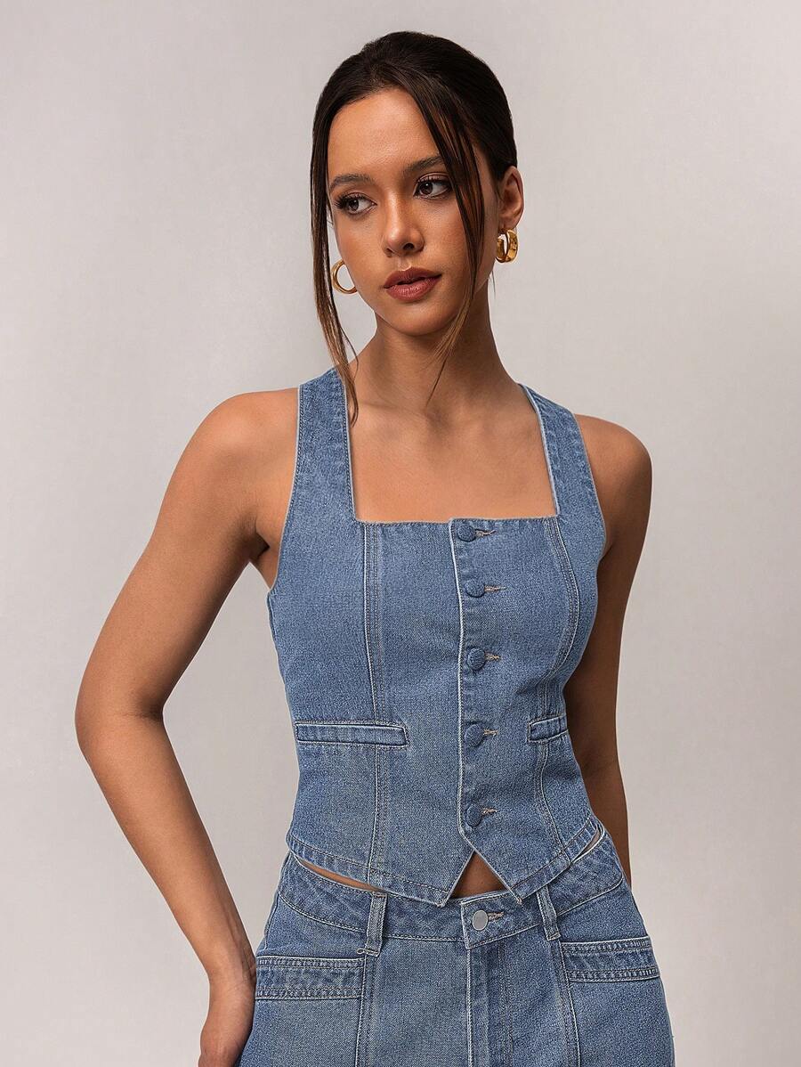 SHEIN Forever 21 女士夏季休闲前扣方领牛仔衬衫 - 藍色 - 查看 1