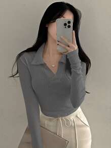 DAZY Women's Solid Color Long Sleeve Ribbed Casual Collar T-Shirt - Light Grey - View 5