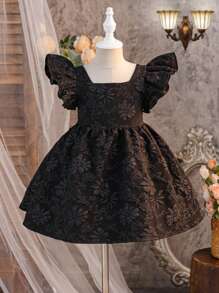 SHEIN Young Girl Solid Color Floral Jacquard Ruffle Trim Fitted Dress - Black - View 2