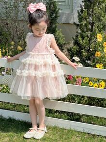DAZY Young Girl Mesh Patchwork Ruffle Trim Sleeveless Round Neck Dress,Girls Summer Outfits - Baby Pink - View 1
