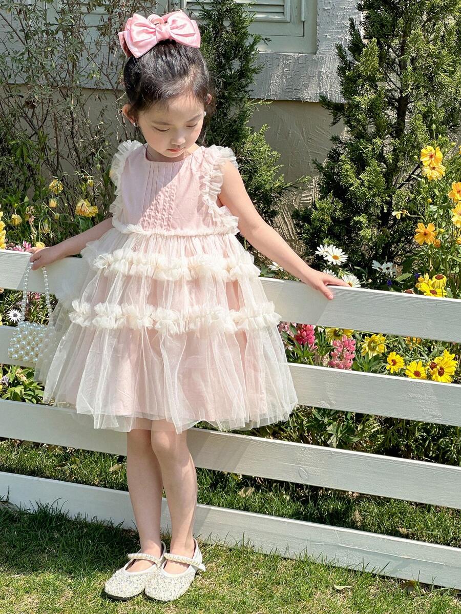 DAZY Young Girl Mesh Patchwork Ruffle Trim Sleeveless Round Neck Dress,Girls Summer Outfits - Baby Pink - View 1
