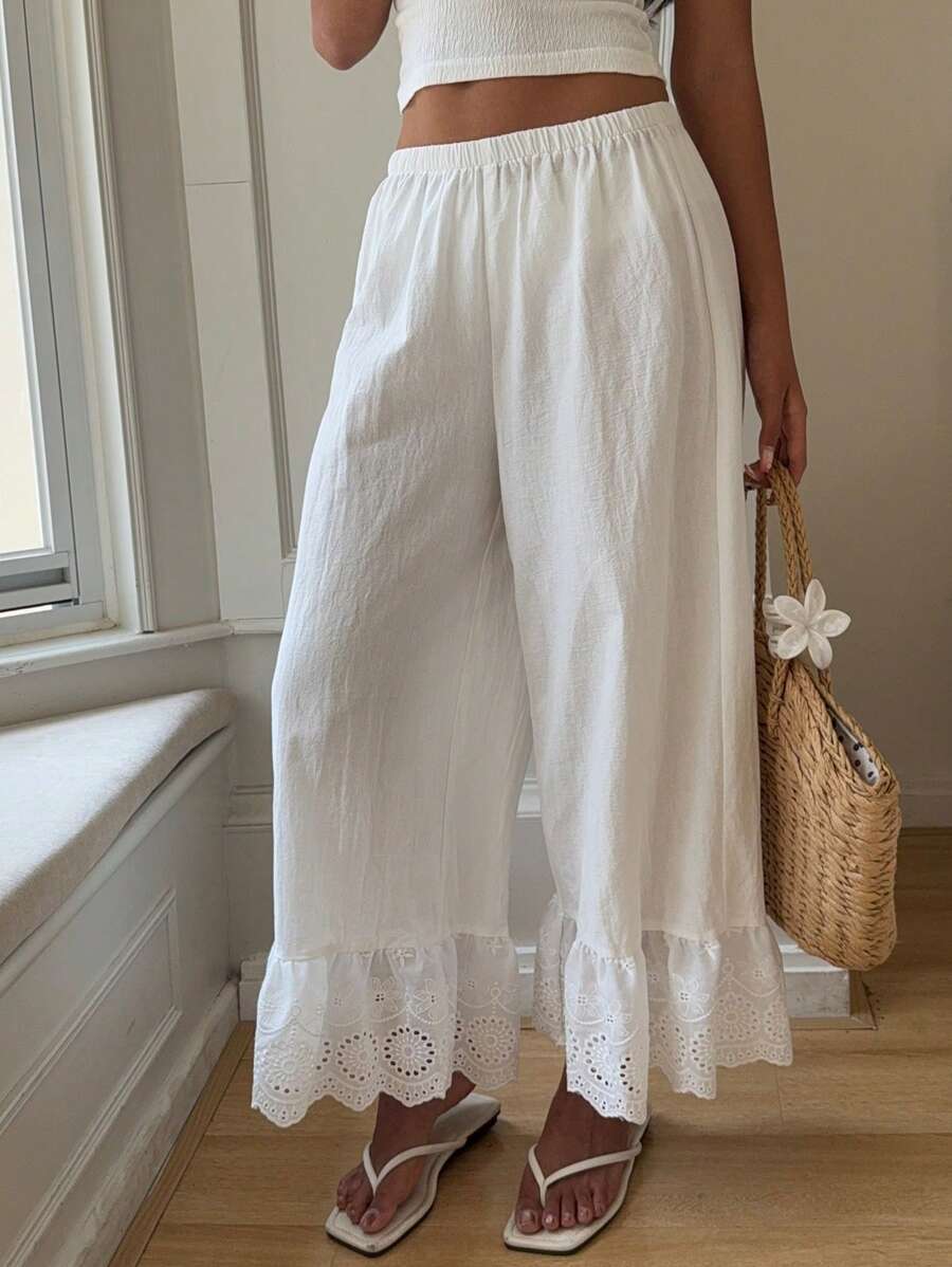 SHEIN EZwear White Women's Elastic Waist Ruffle Hem Wide Leg Pants - White - View 1