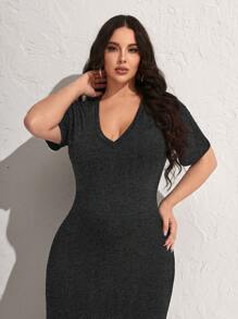 SHEIN SXY Robe élégante ajustée à col en V et manches courtes pour femmes grandes tailles