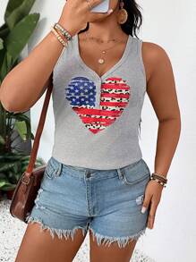 SHEIN LUNE Independence Day Patriotic Flag Pattern Casual Loose Top, Plus Size Mother's Day Church Outfits Women