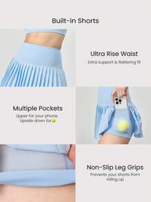 GLOWMODE Jupe plissée 2.0 à contrôle du ventre, avec shorts intégrés, poches latérales, grips anti-glisse. Pour le tennis, le golf, le pickleball et le port quotidien. Séchage rapide, 7,62 cm - Bleu ciel - Voir 4