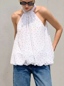 Aveloria Modichic 优雅复古雪纺透视波尔卡圆点印花宽松荷叶边下摆无袖立领女式衬衫 - 黑與白 - 查看 3