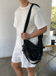 SHEIN 2 pezzi/Set per ragazzi adolescenti completo casual di Maglietta manica corta e pantaloncini in tessuto bianco con textura, comodo e versatile