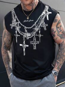 PAVTROS Manfinity Streetrush Men's Black Knitted Casual Tank Top With Unique Cross And Chain Graphic Print Regular Fit Round Neckline - Black - View 1