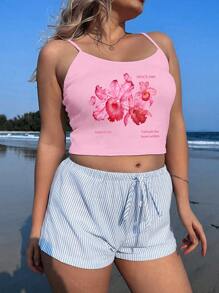 SHEIN EZwear Casual Minimalist Pink Floral Print Tight Fit Plus Size Women Tank Top, Summer - Multicolor - View 3
