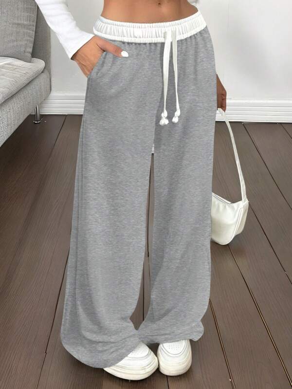 SHEIN Teen Girls Grey Patchwork Waistband Drawstring Loose Wide Leg Vintage Sports College Style Casual Sweatpants