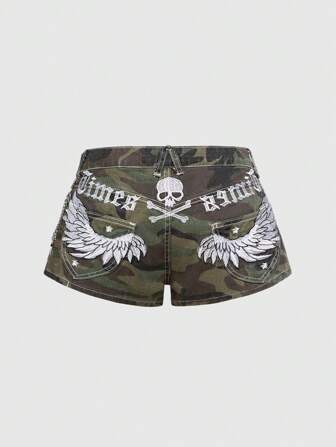 Hippie Shorts vaqueros de estilo callejero sexy para mujer con estampado de camuflaje y bordado de alas