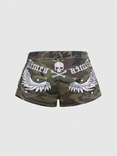 Hippie Women's Sexy Street Style Camo Print Wing Embroidery Denim Shorts