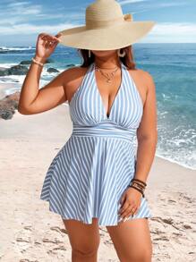 Swim Lushoire Plus Size Women 2pcs Striped Print Ruched Waist Halter Neck Bikini Set, Mature & Minimalist Design, Casual Holiday Swimwear For Summer Beach Vacation