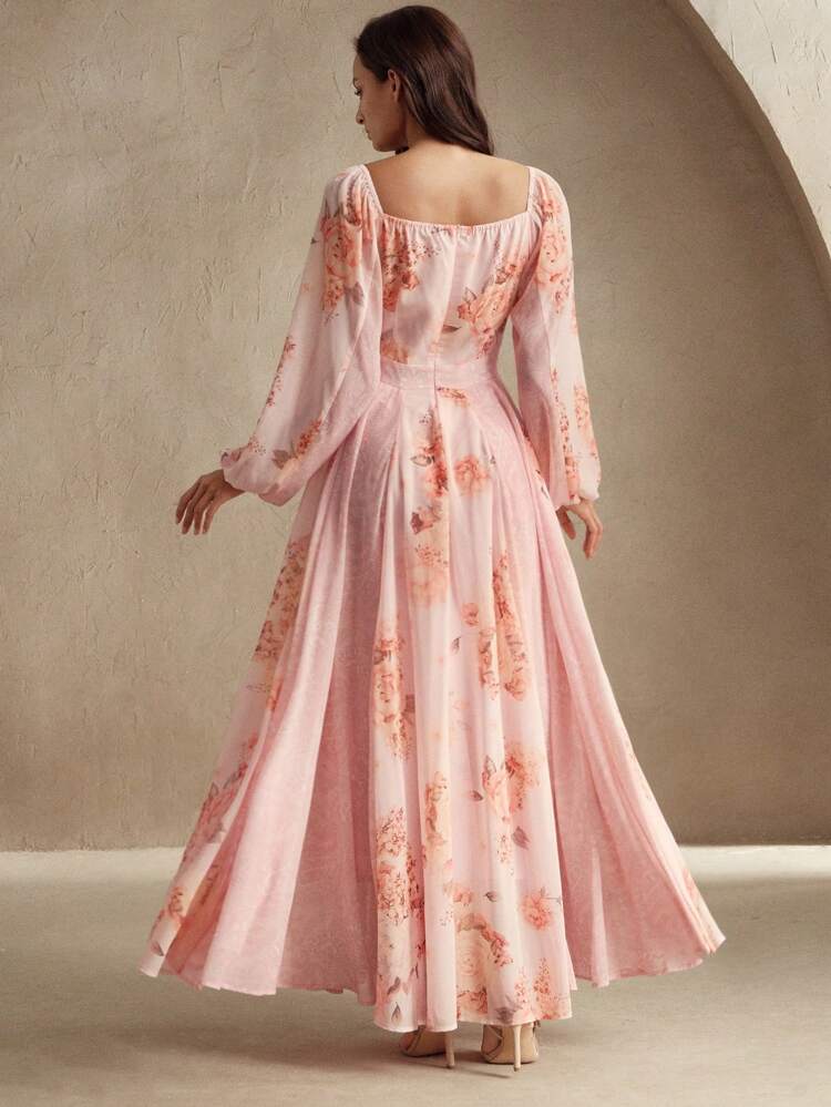 Women's Elegant Vacation Floral Print Splice Off-Shoulder Puff Sleeve Waist Cutout Sexy Dress, Suitable For Spring, Summer, Elegant, Vacation, Date Night, Beach