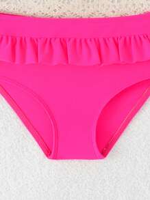 2pcs Girls & Toddlers Bikini Set With Printed & Solid Color Triangle Bottoms And Hooded Swimsuit, Cute Design - Hot Pink - View 3