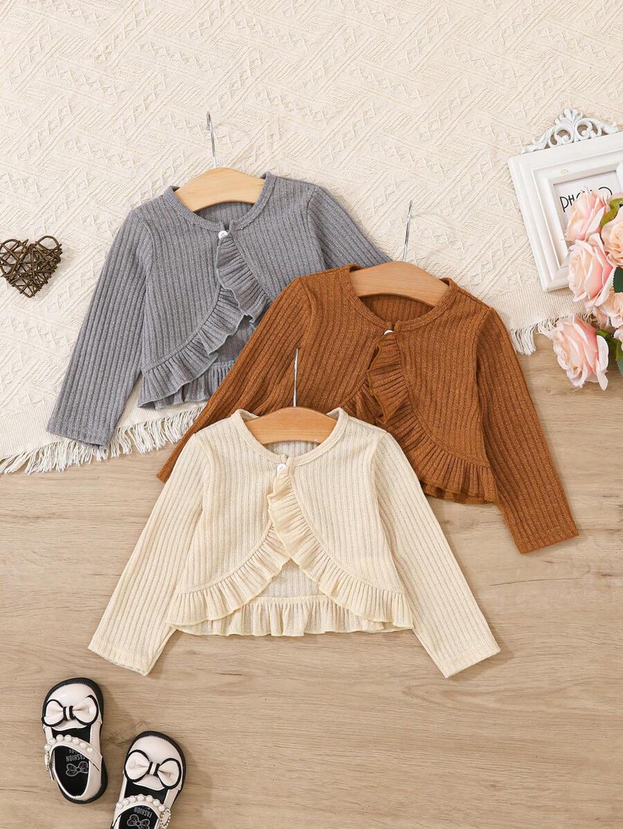 3pcs Baby Girls' Casual Ruffle Trim Long Sleeve Outerwear, Spring/Autumn