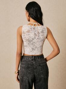 Poéselle 女士撞色蕾丝圆领短款修身吊带背心 - 白色 - 查看 2