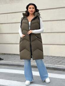 EURMUSE Women's Casual Sleeveless Curve Hooded Vest, Dailywear, Zipper, Pocket - Army Green - View 3