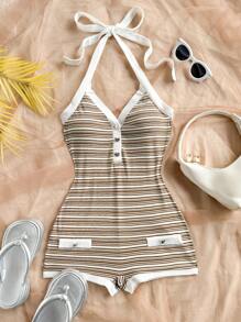 Soleia Retro Red & White Striped Color Block Heart Metal Buckle Decor Halter Romper