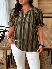 SHEIN LUNE Plus Size Women's V-Neck Striped Print Decorated Button-Up Shirt - Multicolor - View 4