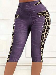 SHEIN Clasi Women's Jeanslike & Leopard Print Comfortable Leggings - Purple - View 7