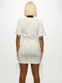 SUMWON WOMEN Vestido camiseta mini con estilo de béisbol, con detalle de cordones laterales, de rayas, deportivo y casual, con mangas cortas, de botones, para primavera y verano, prenda deportiva y de moda