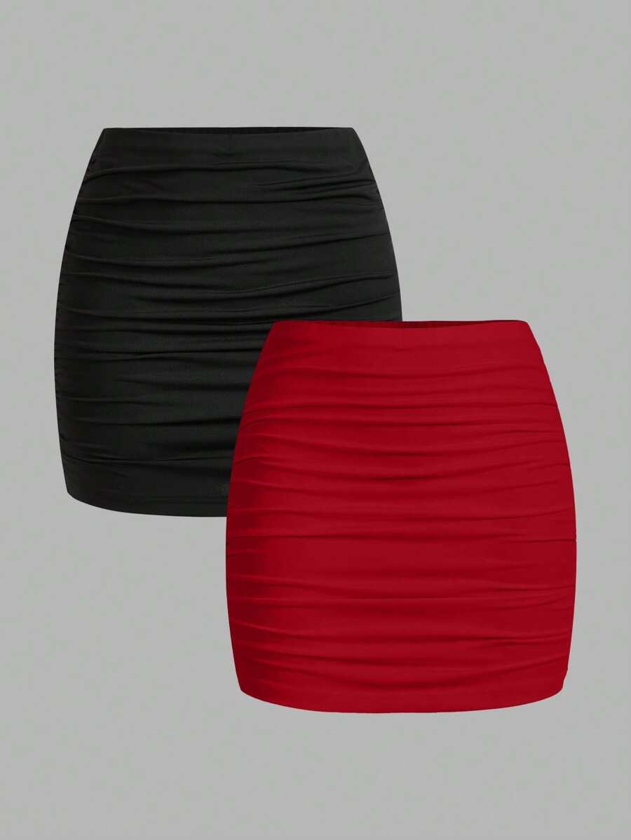 SHEIN MOD 2pcs Women Casual Ruched Bodycon Mini Skirt Set, Summer - Multicolor - View 1