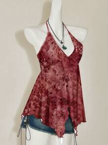 SHEIN ICON Top Halter Casual Vintage Vermelho com Estampa Paisley Plus Size, Adequado para o Verão - Multicolorido - Visão 3