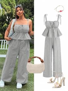 SHEIN EZwear Plus Size 2pcs Set: Casual Vacation Style Square Neck Striped Tie-Front Crop Top & High Waist Striped Wide Leg Pants, Spring/Summer