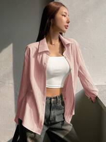 DAZY Camisa de manga larga con botones delanteros, textura y unicolor, de estilo minimalista y casual para mujer, ropa de otoño con estilo preppy - Rosa - Ver 4