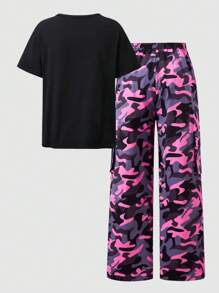 SHEIN Explorewe 2 件套青少年女孩街头休闲图案 T 恤和迷彩口袋裤套装，适合户外和运动 - 彩色 - 查看 4