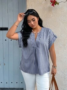 Breezaya Plus Size Casual Striped Batwing Sleeve Shirt