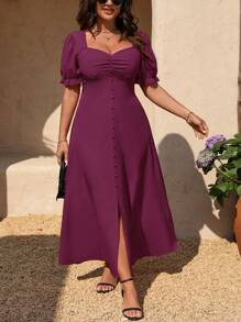 SHEIN Clasi Plus Size Women Sweetheart Neck Puff Sleeve Solid Color Elegant Dress - Purple - View 3