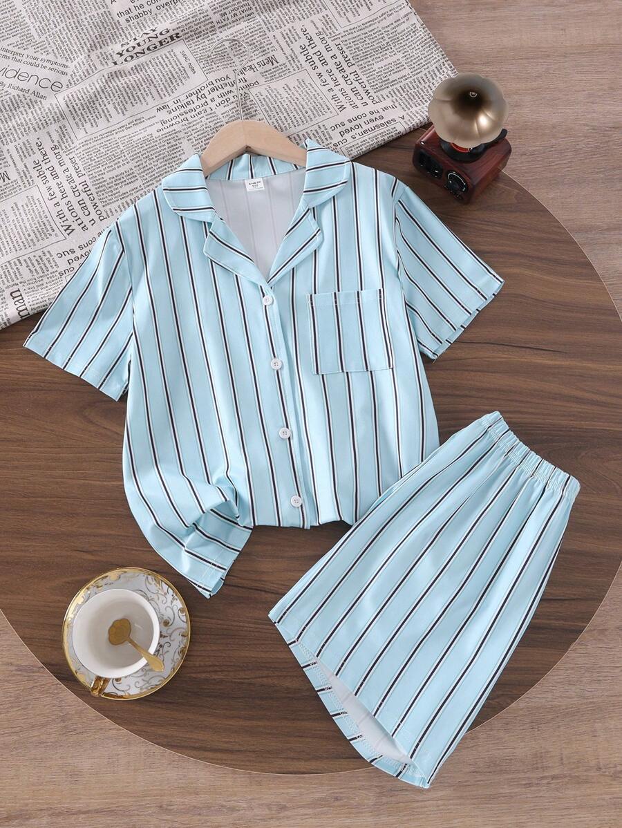 2pcs/Set Casual Striped Blue Tween Boys Open Collar Short Sleeve Top And Shorts Set, Comfortable Loose Fit Loungewear - Blue - View 1