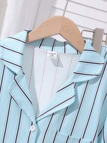 2pcs/Set Casual Striped Blue Tween Boys Open Collar Short Sleeve Top And Shorts Set, Comfortable Loose Fit Loungewear - Blue - View 5