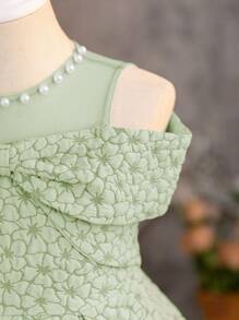 SHEIN Kleine Mädchen (klein) Tüllkleid mit Perlen-Applikation, Schleife und gewebter Verzierung für Festlichkeiten
